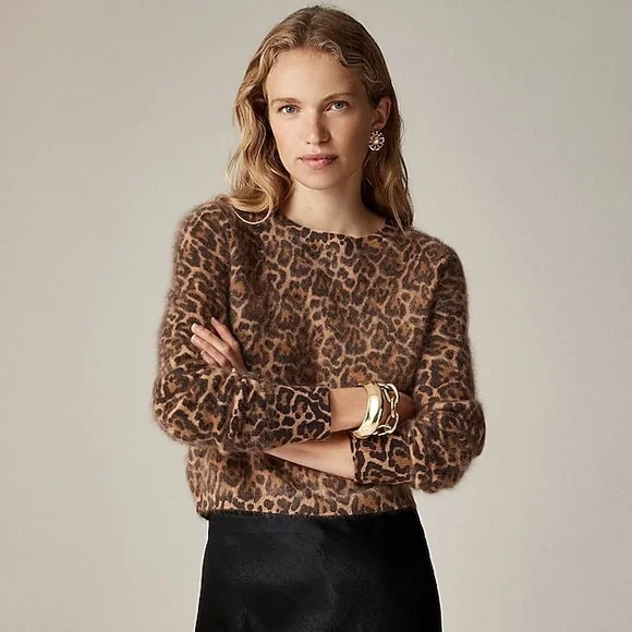J Crew Brushed Cashmere Crop Fit Crewneck Sweater in Leopard Print XS $158 CE684 - Picture 1 of 16